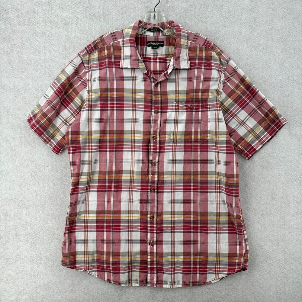 Eddie Bauer Shirt Mens XLT Tall Red White Madras Plaid Classic Fit Button Up